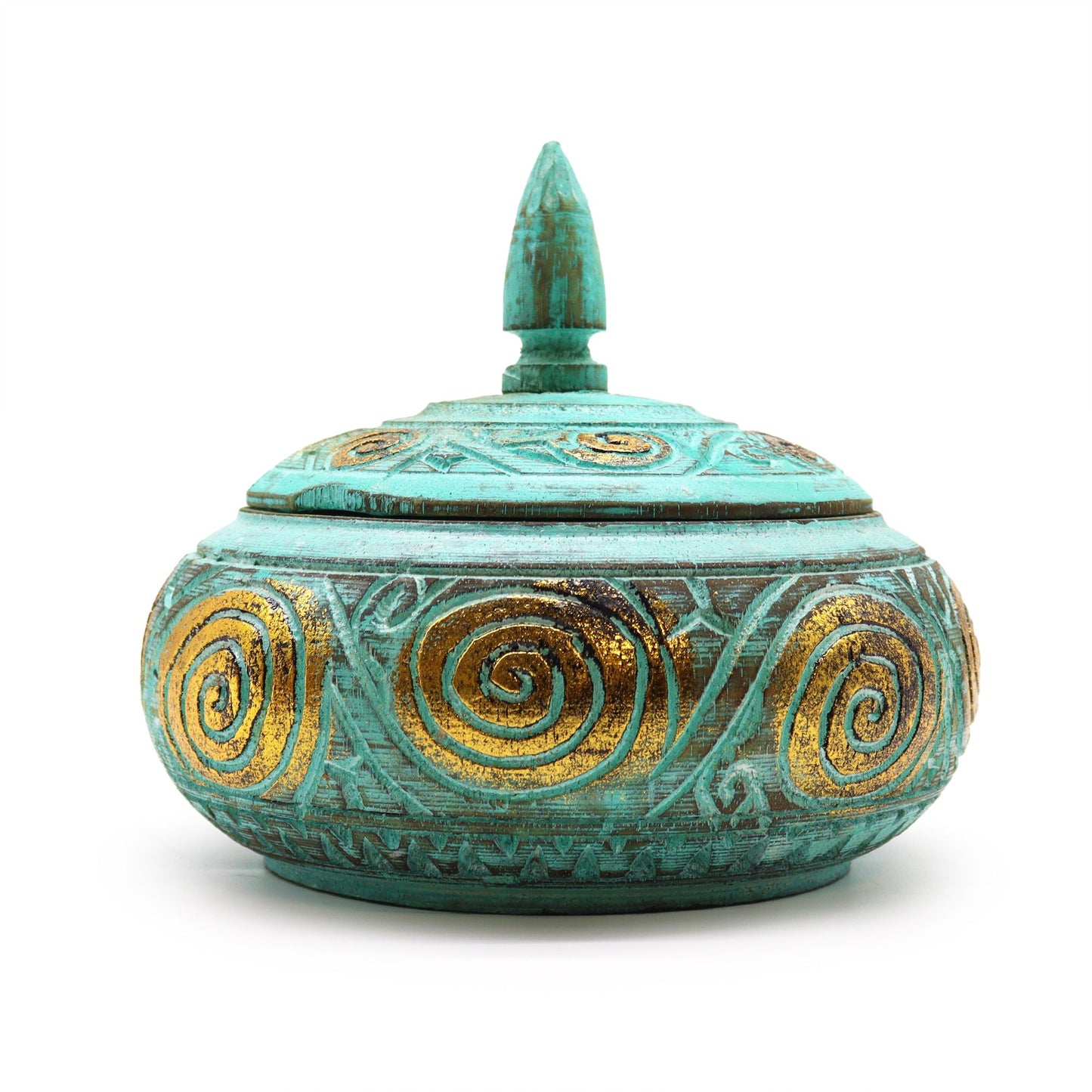 Turquoise, gedrongen snoeppot met sierlijk deksel en gouden accenten, levendige keramische decoratieve opbergpot
