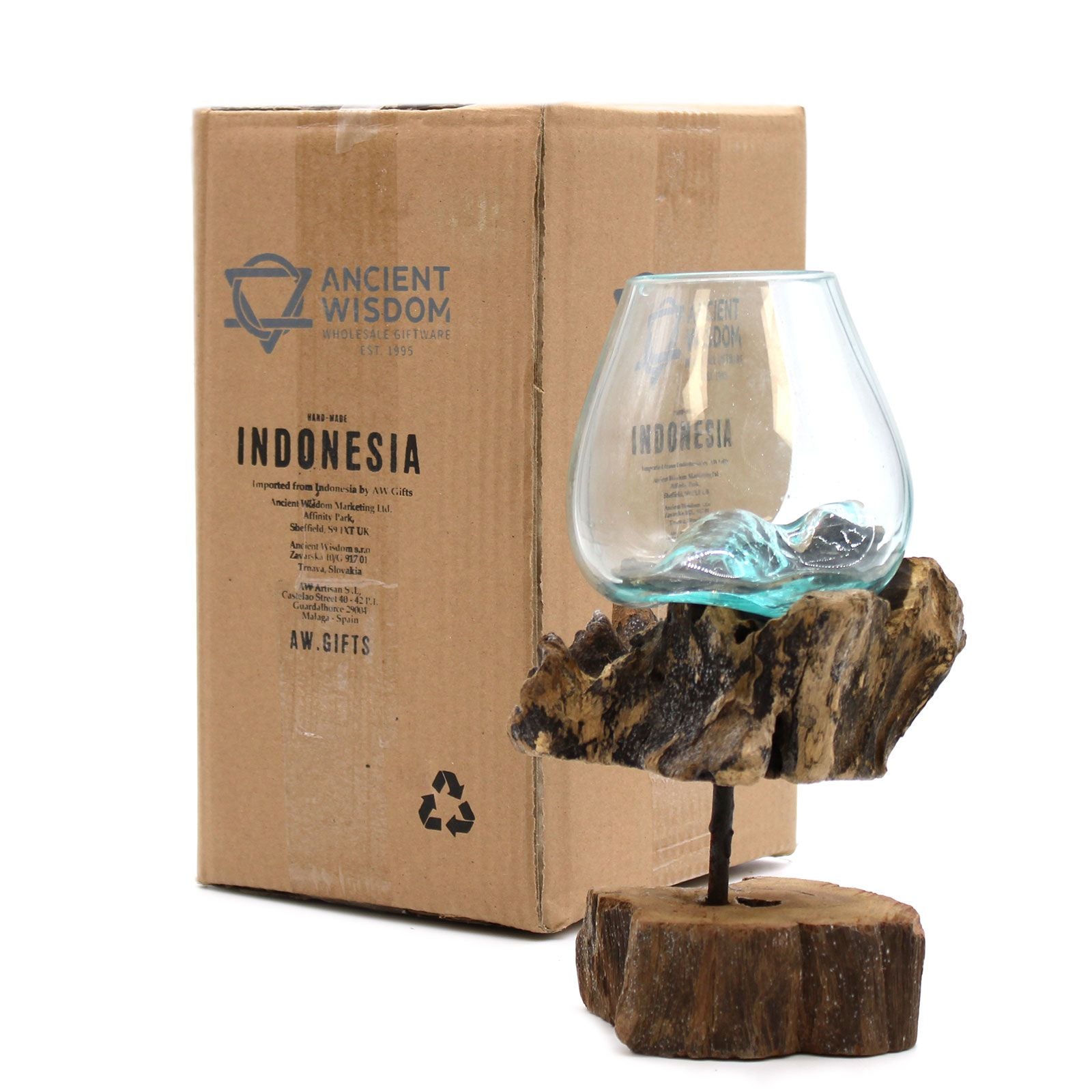 Mondgeblazen glazen kom op natuurlijke houten poot - Gesmolten Glas collectie Karma Vibes, duurzame bohemian decoratie, Gliricidia Sepium hout, ambachtelijk handwerk Bali
