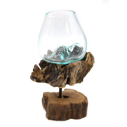 Gesmolten Glas Kom op Houten Poot Medium - handgeblazen gerecycled glas op Gamal hout standaard, bohemian woondecoratie, handgemaakt in Bali Indonesië, 25x14x10 cm
