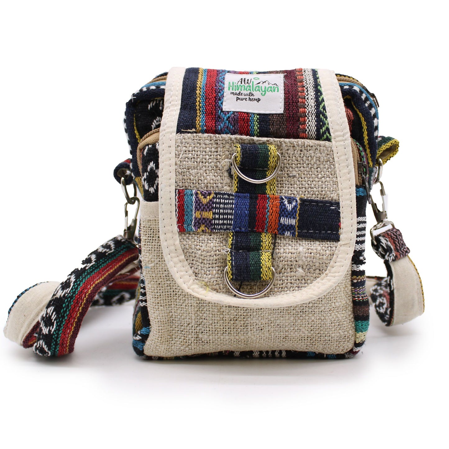 Hennep crossbody tas met gerecyclede stoffen stroken in geometrische patronen - handgemaakt in Nepal - voorkant
