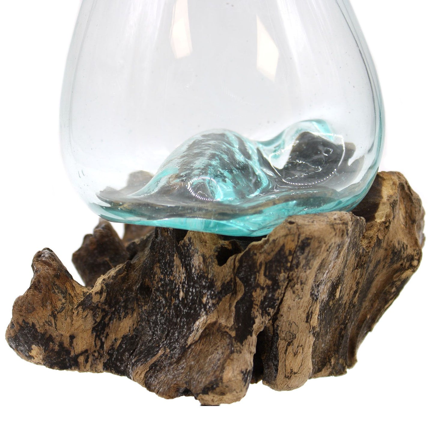 Gesmolten Glas Kom op Houten Poot Medium - organische glazen schaal voor edelstenen, planten of bloemen, duurzaam geproduceerd, Balinese ambachtslieden, Karma Vibes
