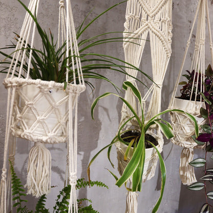 Indonesische macramé plantenhouder met rustiek design voor woonkamer of yogastudio
