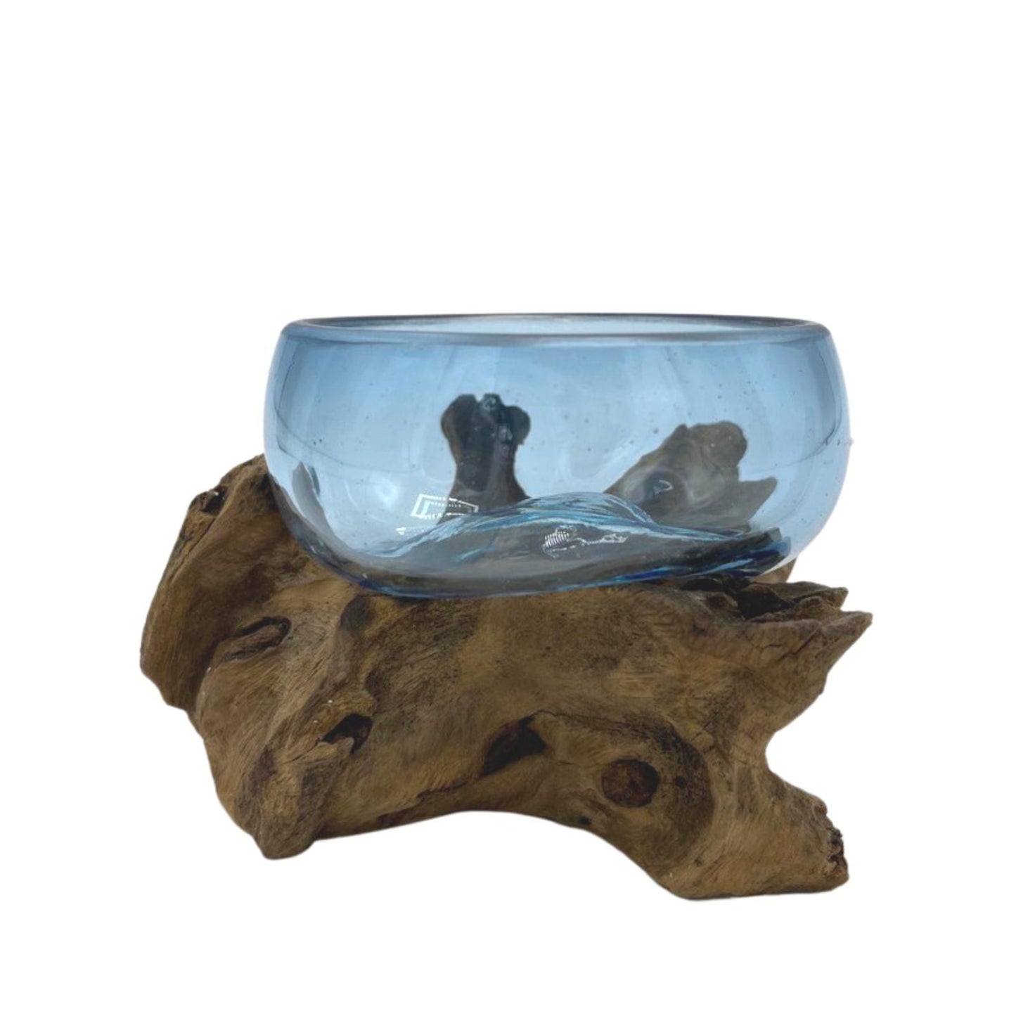 Gesmolten Glas Blauw Mini Kom op Gamal hout - handgeblazen blauw gerecycled glas, bohemian woondecoratie, handgemaakt in Bali Indonesië, 12x6x7 cm
