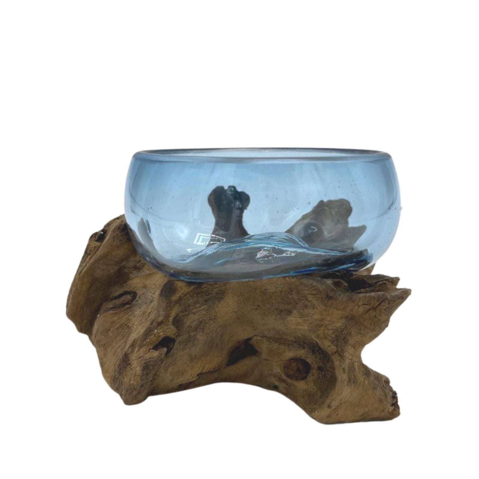 Gesmolten Glas Blauw Mini Kom op Gamal hout - handgeblazen blauw gerecycled glas, bohemian woondecoratie, handgemaakt in Bali Indonesië, 12x6x7 cm
