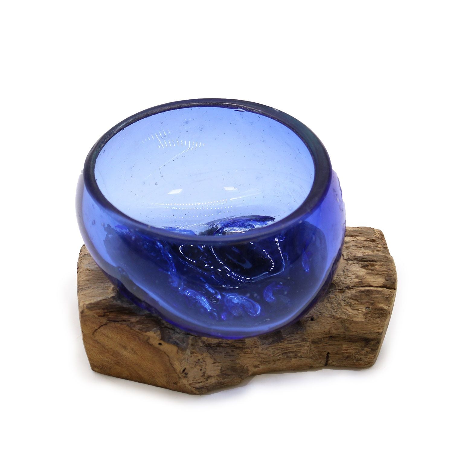 Gesmolten Glas Blauw Mini Kom - diepblauw gerecycled glas op Gliricidia Sepium hout, uniek bohemian sfeerstuk, handgemaakt Indonesië, spirituele woondecoratie

