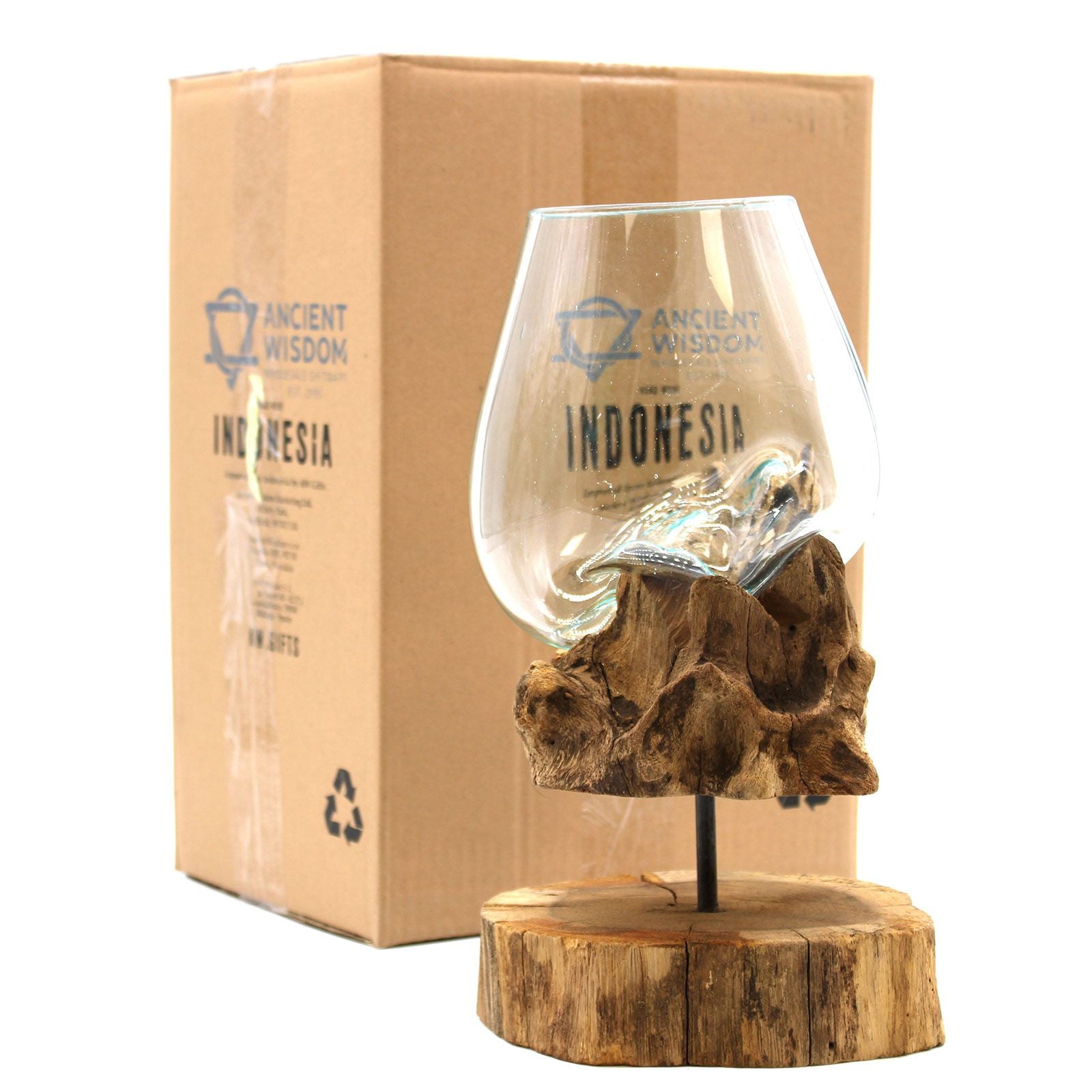 Mondgeblazen glazen kom op natuurlijke houten poot Large - Gesmolten Glas collectie Karma Vibes, royaal formaat, duurzame bohemian decoratie, ambachtelijk handwerk Bali, 2 kg
