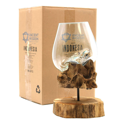 Mondgeblazen glazen kom op natuurlijke houten poot Large - Gesmolten Glas collectie Karma Vibes, royaal formaat, duurzame bohemian decoratie, ambachtelijk handwerk Bali, 2 kg
