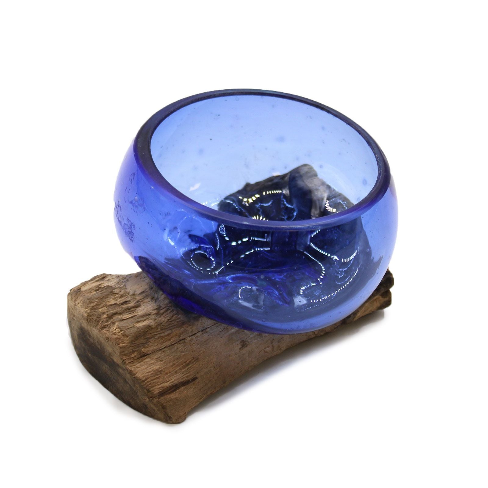 Mondgeblazen blauwe glazen mini kom op Gamal hout standaard - Gesmolten Glas collectie Karma Vibes, duurzame bohemian decoratie, ambachtelijk handwerk Bali
