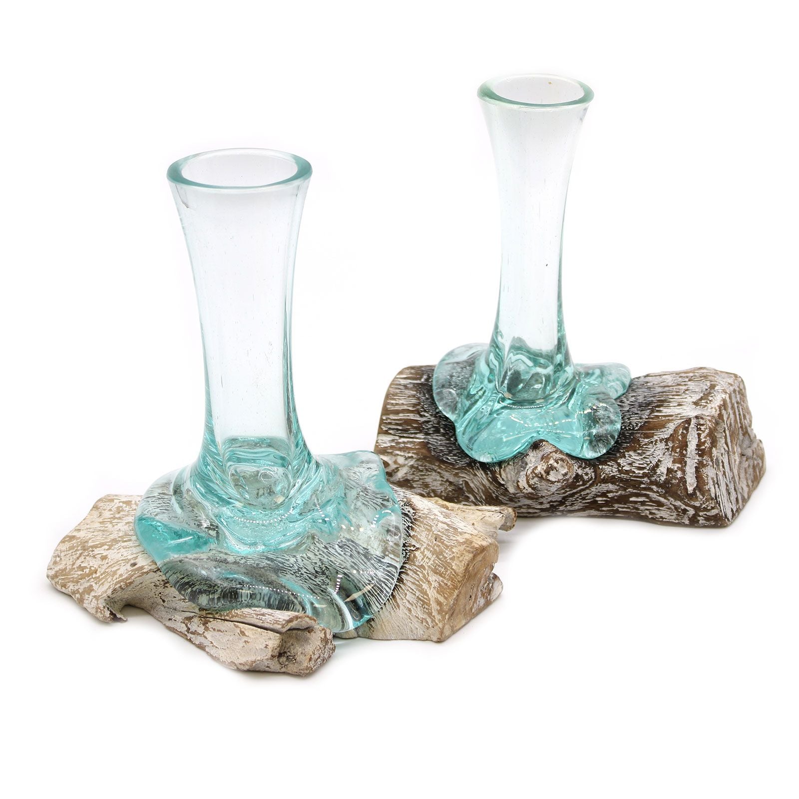 Gesmolten Glas Whitewash Vaas op Gamal hout - bohemian woondecoratie uit Indonesië
