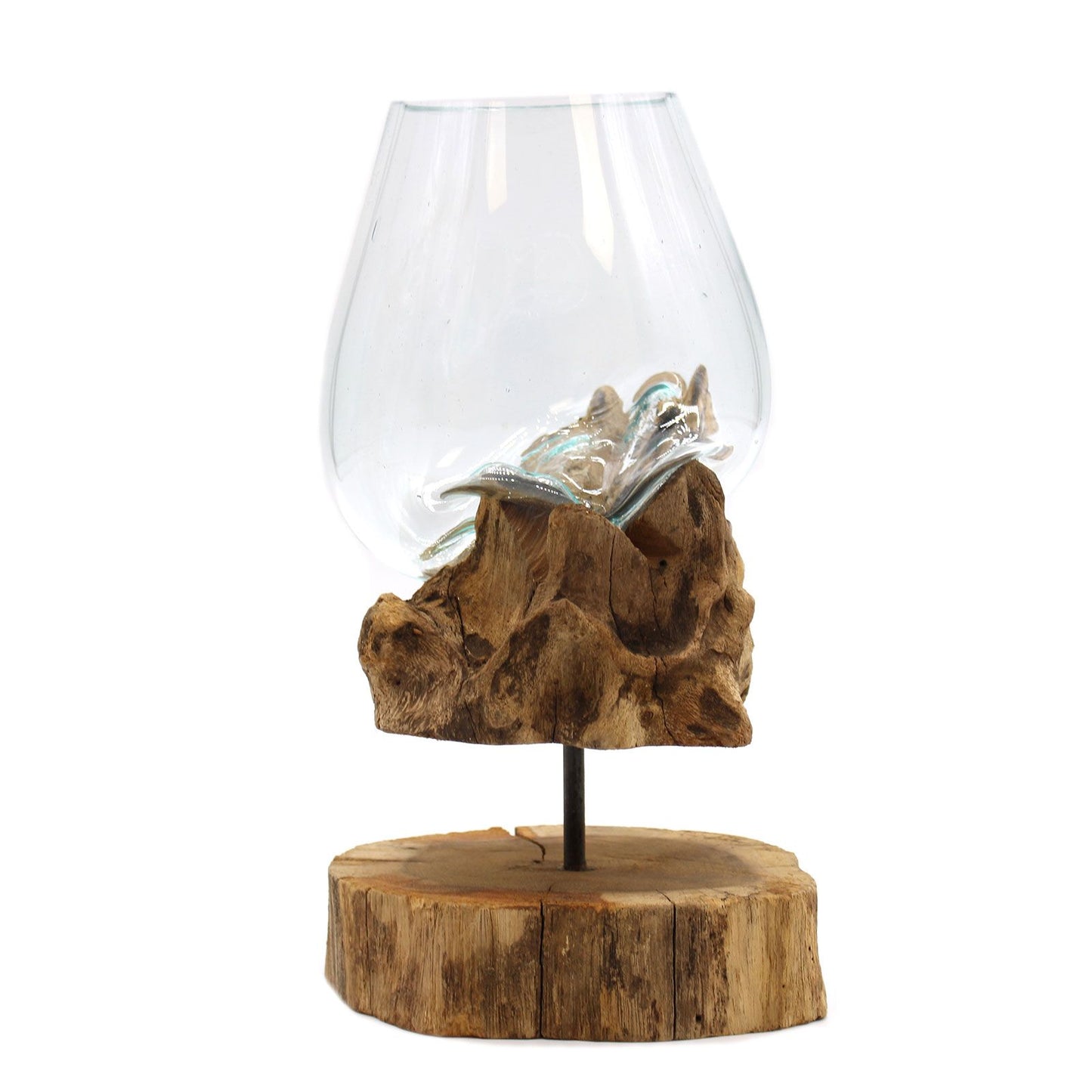 Gesmolten Glas Kom op Houten Poot Large op Gamal hout - handgeblazen gerecycled glas, sculpturaal bohemian statement stuk, handgemaakt in Bali Indonesië, 25x19x15 cm
