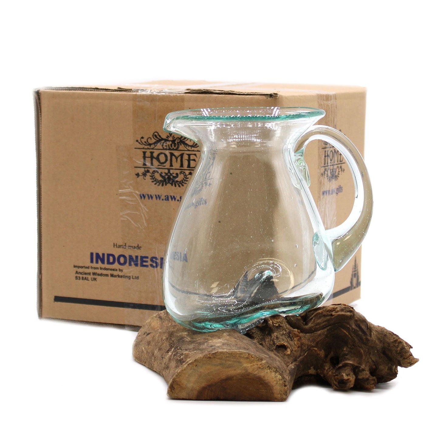 Gesmolten Glas Waterkan - decoratieve karaf van gerecycled glas en Balinees hout
