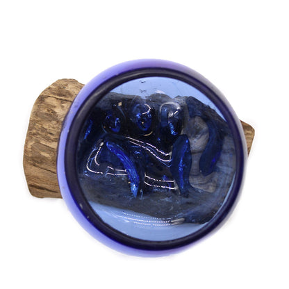 Gesmolten Glas Blauw Mini Kom - decoratieve schaal voor edelstenen, kristallen of planten, blauw gerecycled glas op Gamal hout, Balinese ambachtslieden, 12 cm

