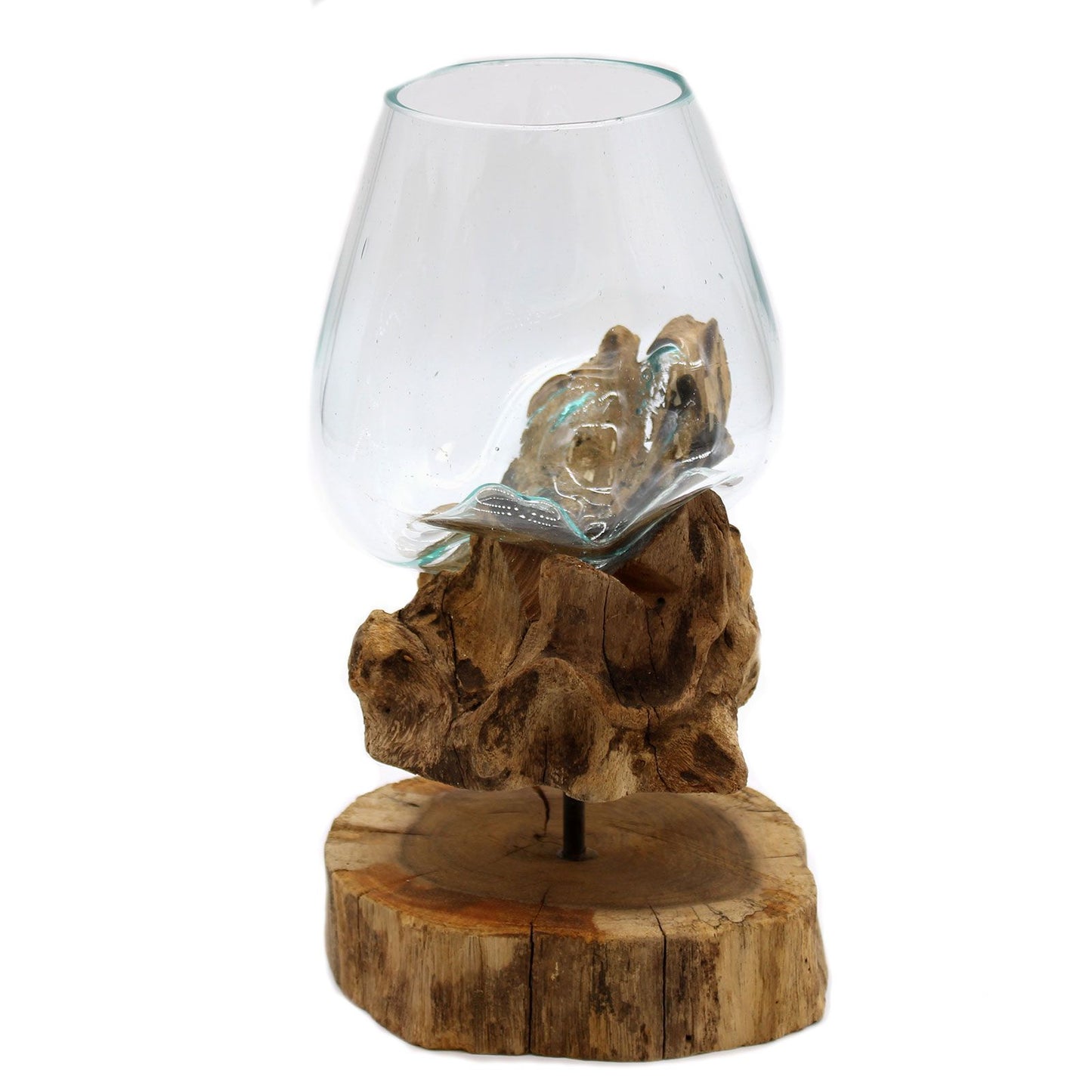 Gesmolten Glas Kom op Houten Poot Large - gerecycled glas op Gliricidia Sepium hout standaard, indrukwekkend bohemian sfeerstuk, handgemaakt Indonesië, spirituele woondecoratie
