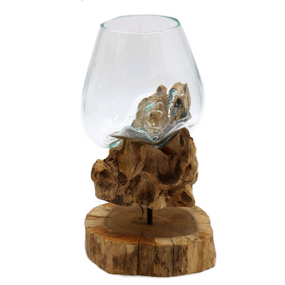 Gesmolten Glas Kom op Houten Poot Large - gerecycled glas op Gliricidia Sepium hout standaard, indrukwekkend bohemian sfeerstuk, handgemaakt Indonesië, spirituele woondecoratie
