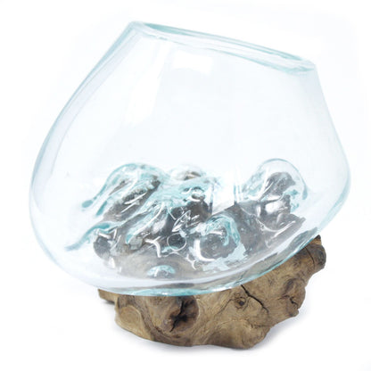 Kleine Kom Gesmolten Glas op Gamal hout - bohemian woondecoratie uit Indonesië
