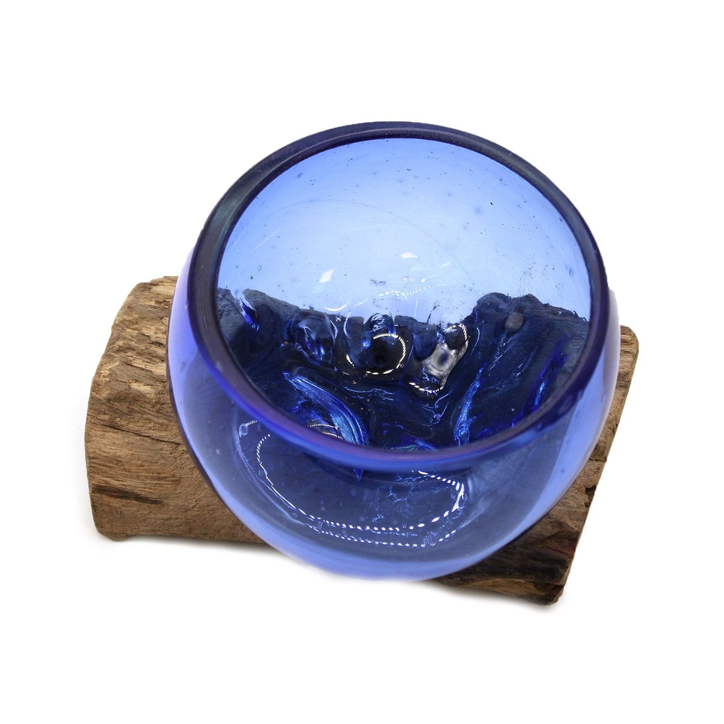 Gesmolten Glas Blauw - Mini Kom op Gamal hout, opvallend blauw sfeerstuk voor vensterbank of dressoir, handgemaakt Indonesië, uniek cadeau bohemian liefhebber
