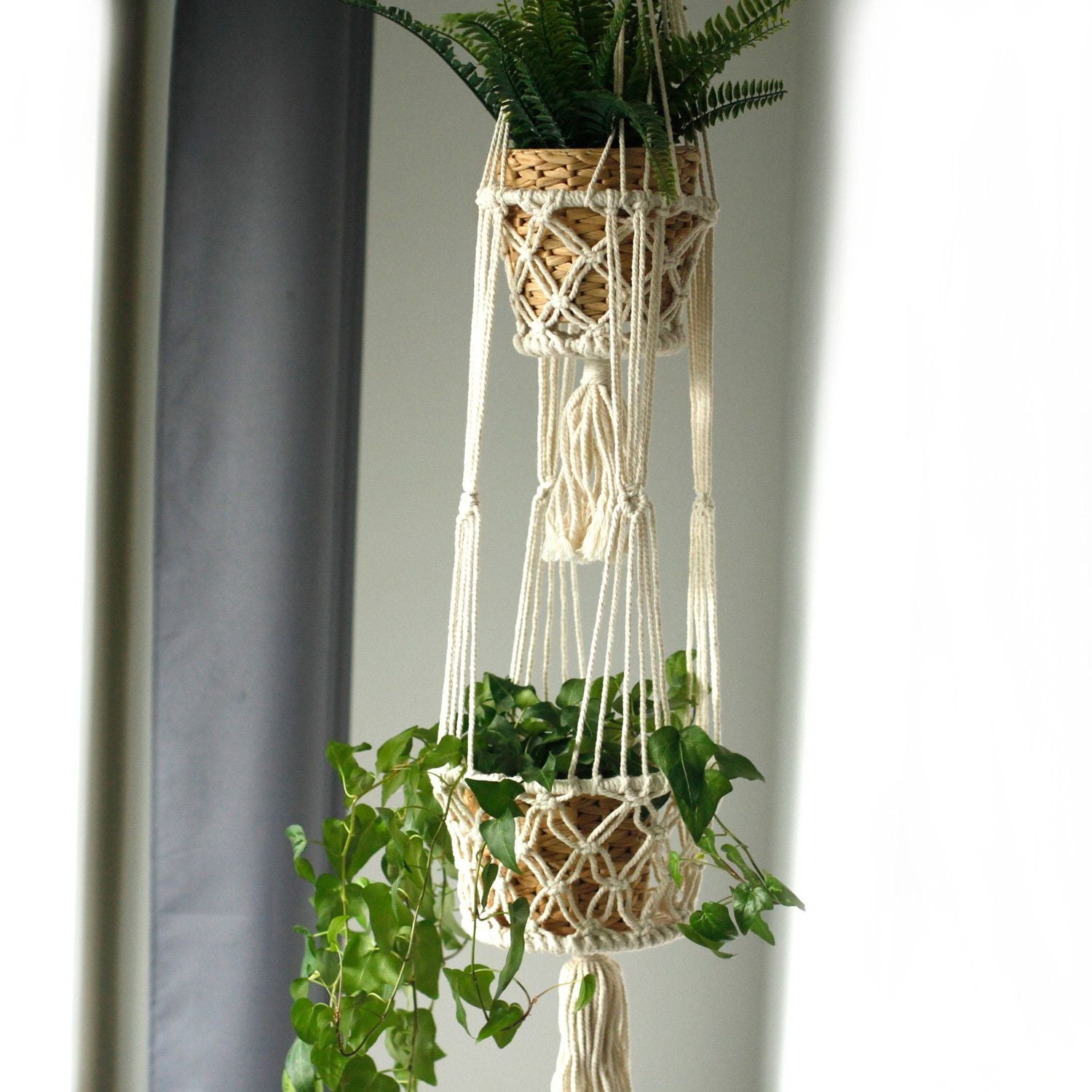 Macramé plantenhouder dubbel voor verticale tuin in bohemian interieur, 100cm
