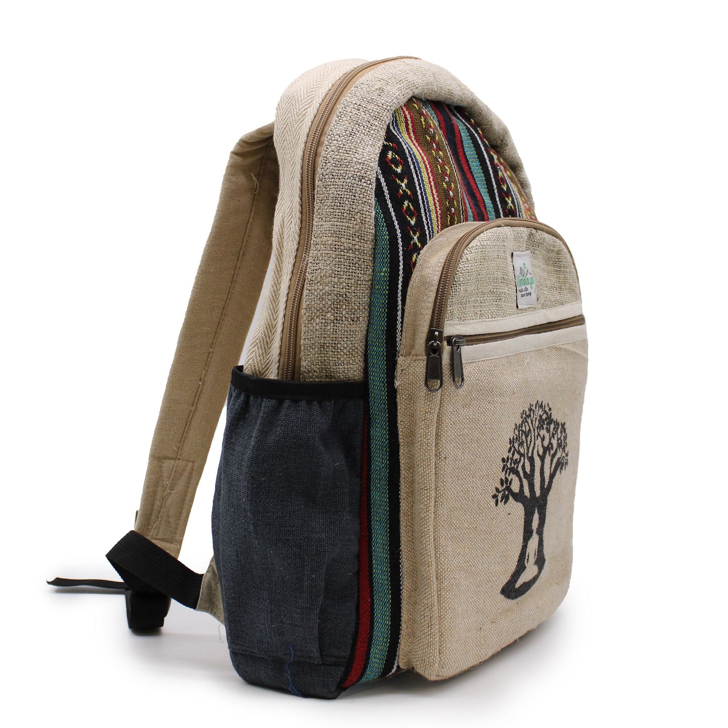 Zijaanzicht hennep rugzak 45x39x16cm met Bodhi Boom en gerecyclede stoffen - spirituele bohemian tas
