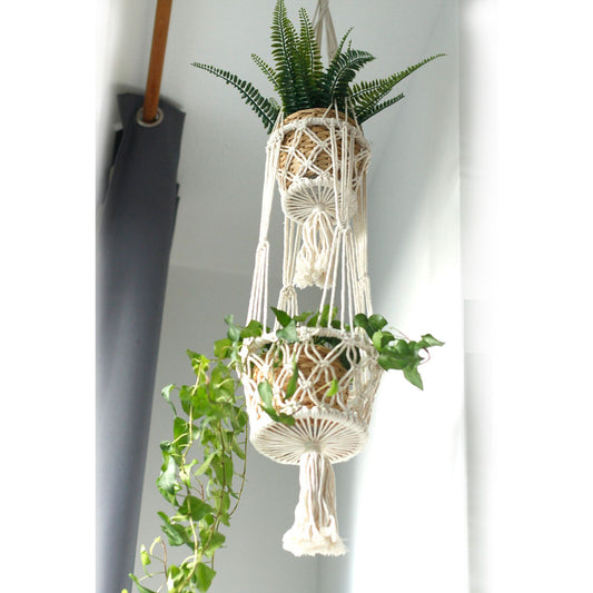 Handgemaakte macramé plantenhouder voor twee planten uit natuurlijk katoen, 100x22cm, Indonesisch vakmanschap
