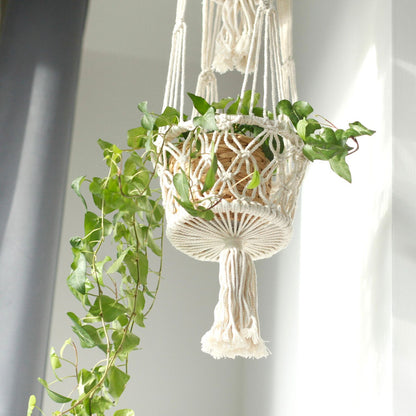 Handgemaakte macramé plantenhouder met twee niveaus voor planten, natuurlijk katoen
