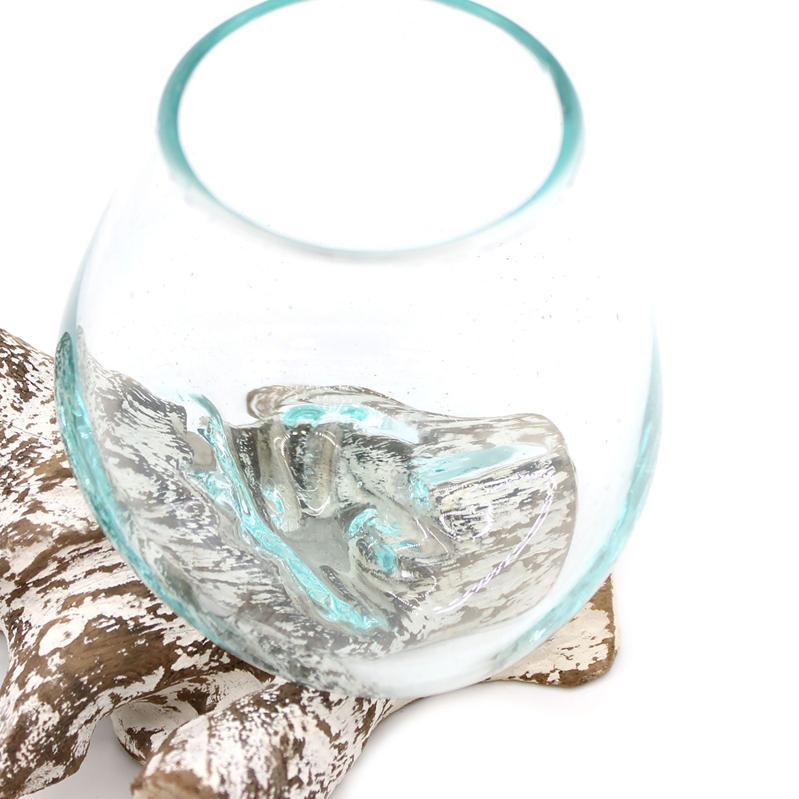 Handgemaakte Gesmolten Glas Whitewash Kom Small - mondgeblazen glas op natuurlijk hout, 13x11x10 cm
