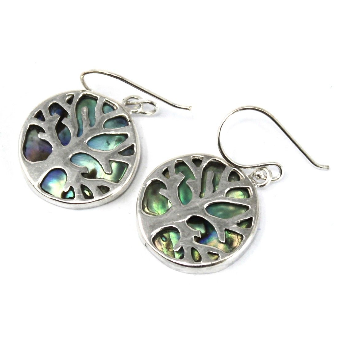 Levensboom oorbellen 925 zilver 15mm met iriserende abalone schelp inleg en spiritueel symbool
