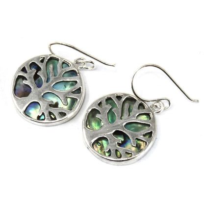 Levensboom oorbellen 925 zilver 15mm met iriserende abalone schelp inleg en spiritueel symbool
