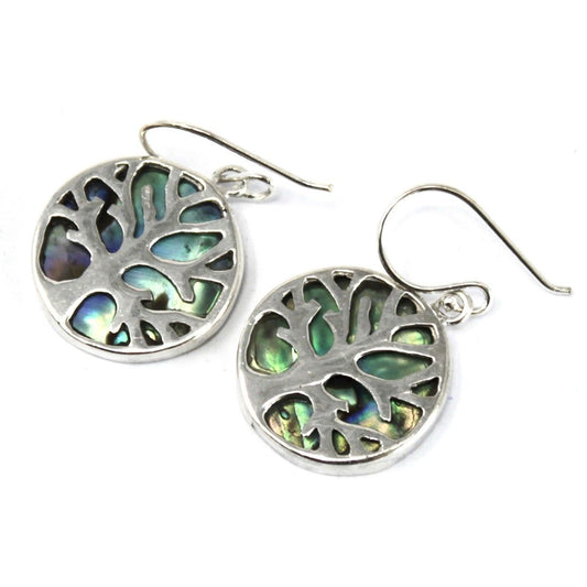 Levensboom oorbellen 925 zilver 15mm met iriserende abalone schelp inleg en spiritueel symbool
