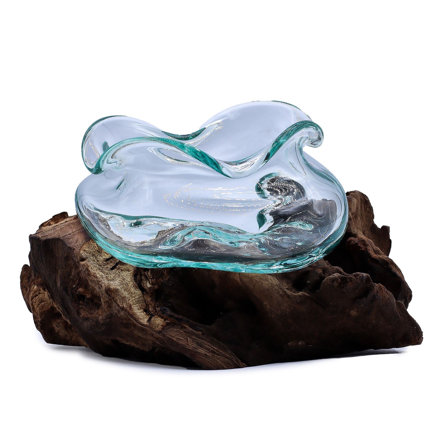 Gesmolten Glas Golvende Kom op Gamal hout - handgeblazen gerecycled glas met organische golvende rand, bohemian woondecoratie, handgemaakt in Bali Indonesië, 8,5x10x15 cm
