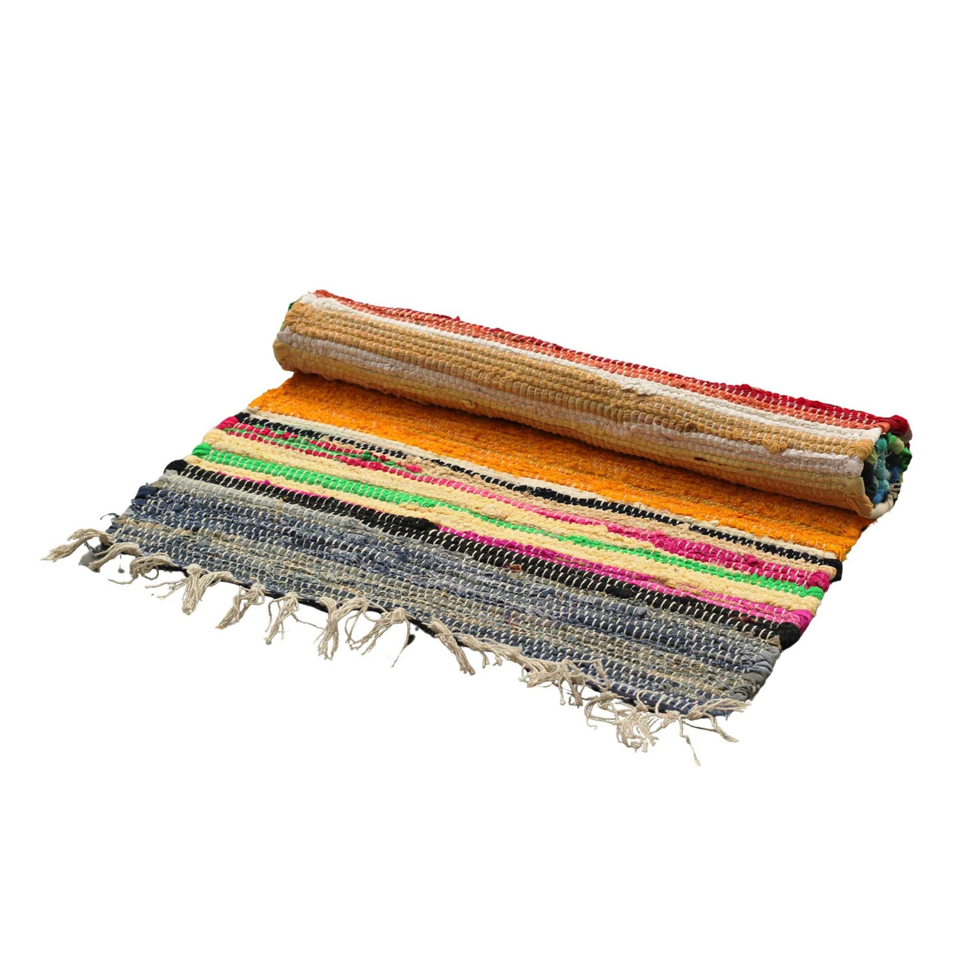 Handgeweven kleed van gerecycled Indiaas tapijt in levendige kleuren met rag rug textuur, 50x90cm

