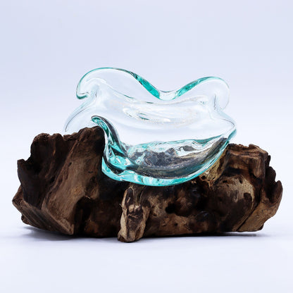 Gesmolten Glas Golvende Kom - organische golvende glasrand op Gliricidia Sepium hout, uniek bohemian sfeerstuk, handgemaakt Indonesië, spirituele woondecoratie
