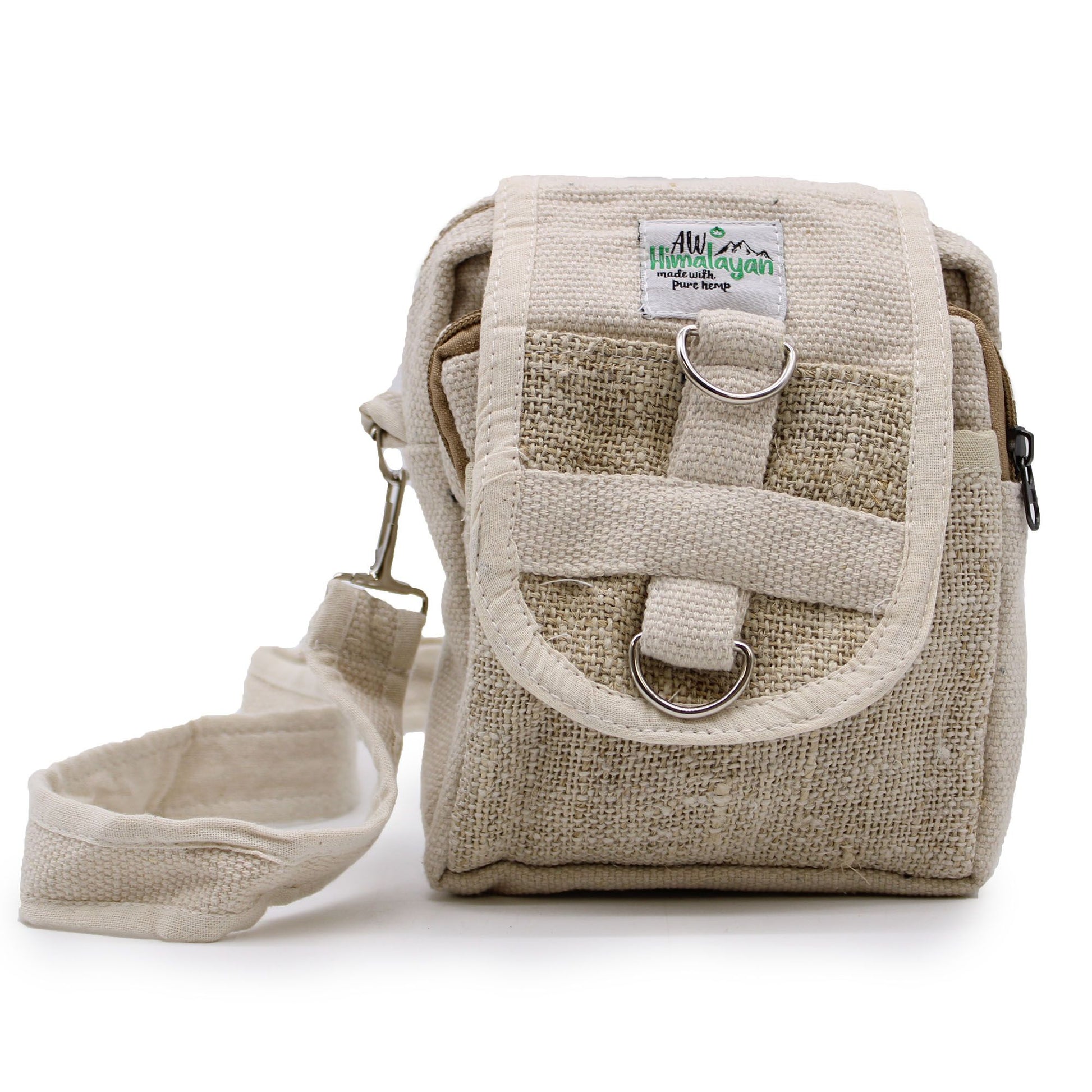 Hennep crossbody tas naturel kleurstelling beige zandtinten - handgemaakt in Nepal - voorkant
