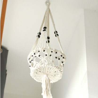 Macramé plantenhanger enkel groot zijaanzicht kralen - bohemian stijl
