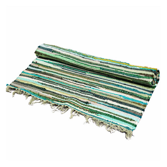 Handgeweven kleed van gerecycled Indiaas tapijt in natuurlijke groentinten met rag rug textuur, 150x90cm
