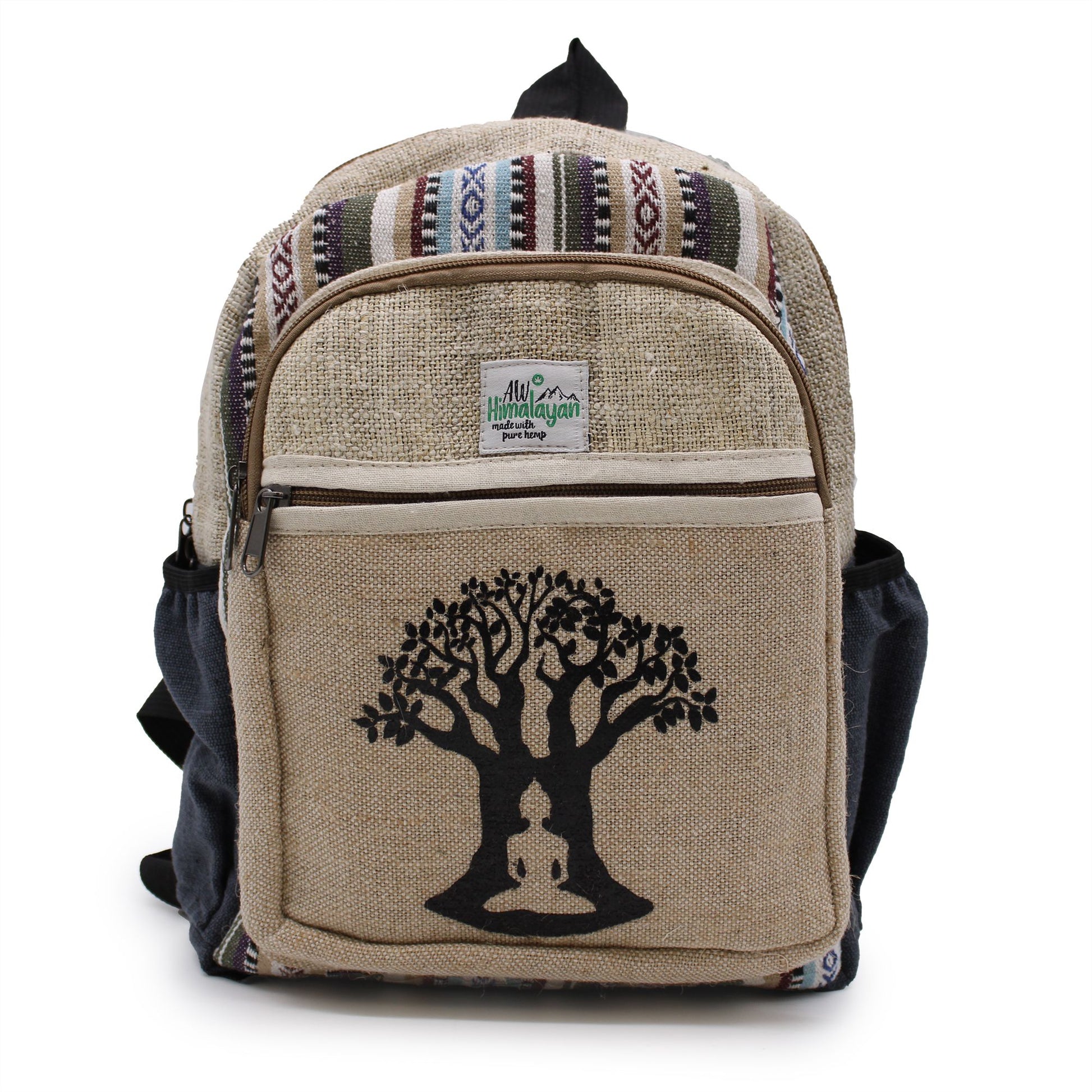 Zijaanzicht hennep rugzak 38x30x14cm met Bodhi Boom en gerecyclede stoffen - spirituele bohemian tas
