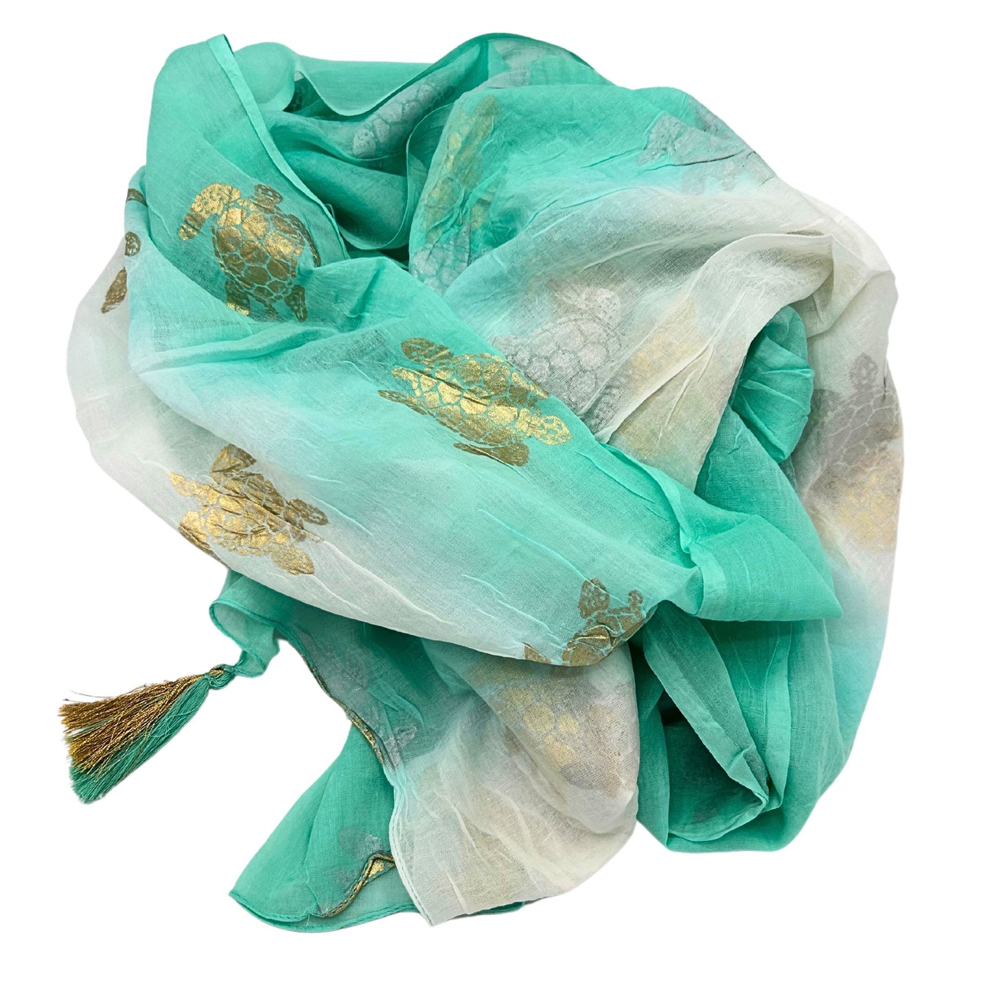 Handbeschilderde pario van gerecycled sari katoen in wit met turquoise en gouden schildpadpatroon, 180x110cm
