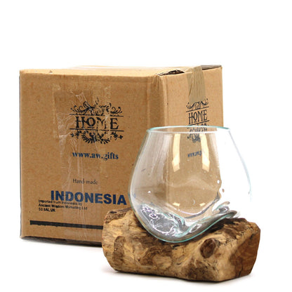 Kleine Kom Gesmolten Glas - 19cm diameter, gerecycled glas op Gamal hout, Bali
