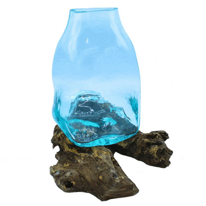 Mondgeblazen glazen terrarium vaas op sculpturaal Gamal hout - Gesmolten Glas Large collectie Karma Vibes, ideaal voor edelstenen, kristallen of planten, duurzaam geproduceerd Bali
