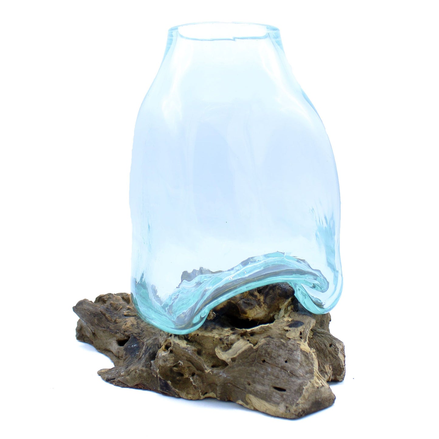 Gesmolten Glas Terrarium Vaas Large op Gamal hout - handgeblazen gerecycled glas, indrukwekkend bohemian statement stuk, handgemaakt in Bali Indonesië, 23,5x17x16 cm
