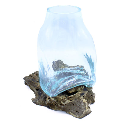 Gesmolten Glas Terrarium Vaas Large - royale glazen vaas op organische houten standaard, bohemian woondecoratie, ambachtelijk handwerk Balinese vaklieden, gerecycled glas 27 cm
