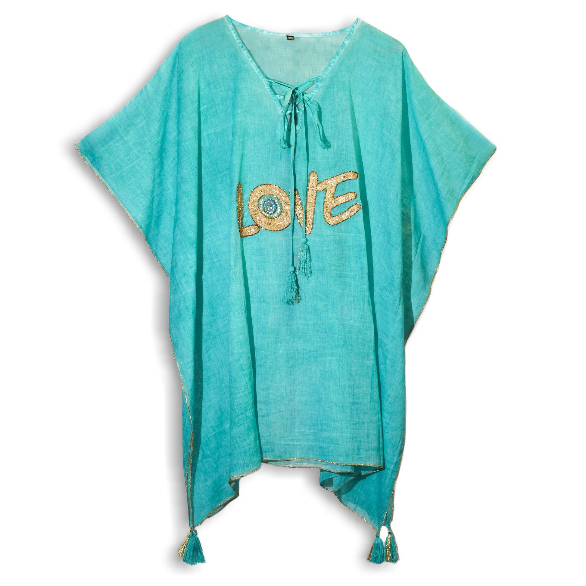 Handbeschilderde kaftan turquoise met gouden Love motief - one-size strandkleding 90x100cm
