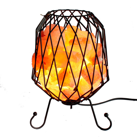 Himalaya zoutrots vuurschaal lamp met metalen mesh en 3kg roze zoutbrokken, rustiek industrieel design
