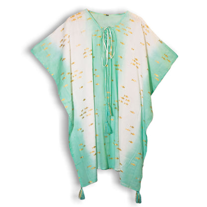 Handbeschilderde kaftan van gerecycled sari katoen in wit met turquoise en gouden vispatroon, one size
