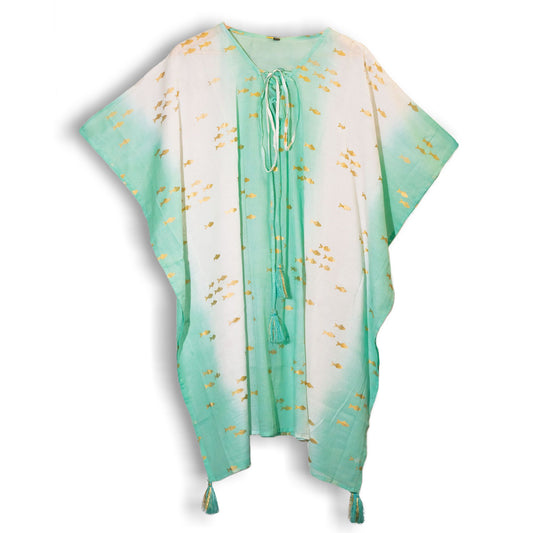 Handbeschilderde kaftan van gerecycled sari katoen in wit met turquoise en gouden vispatroon, one size
