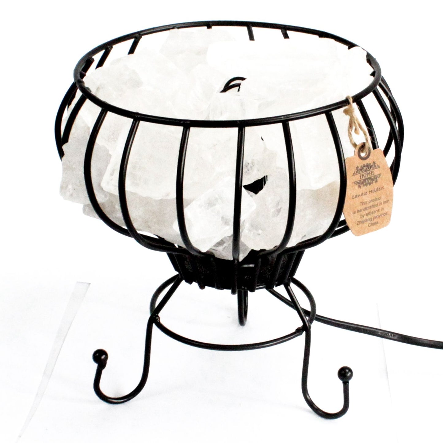 Himalaya zout vuurschaal laag model met witte zoutbrokken, warme verlichting
