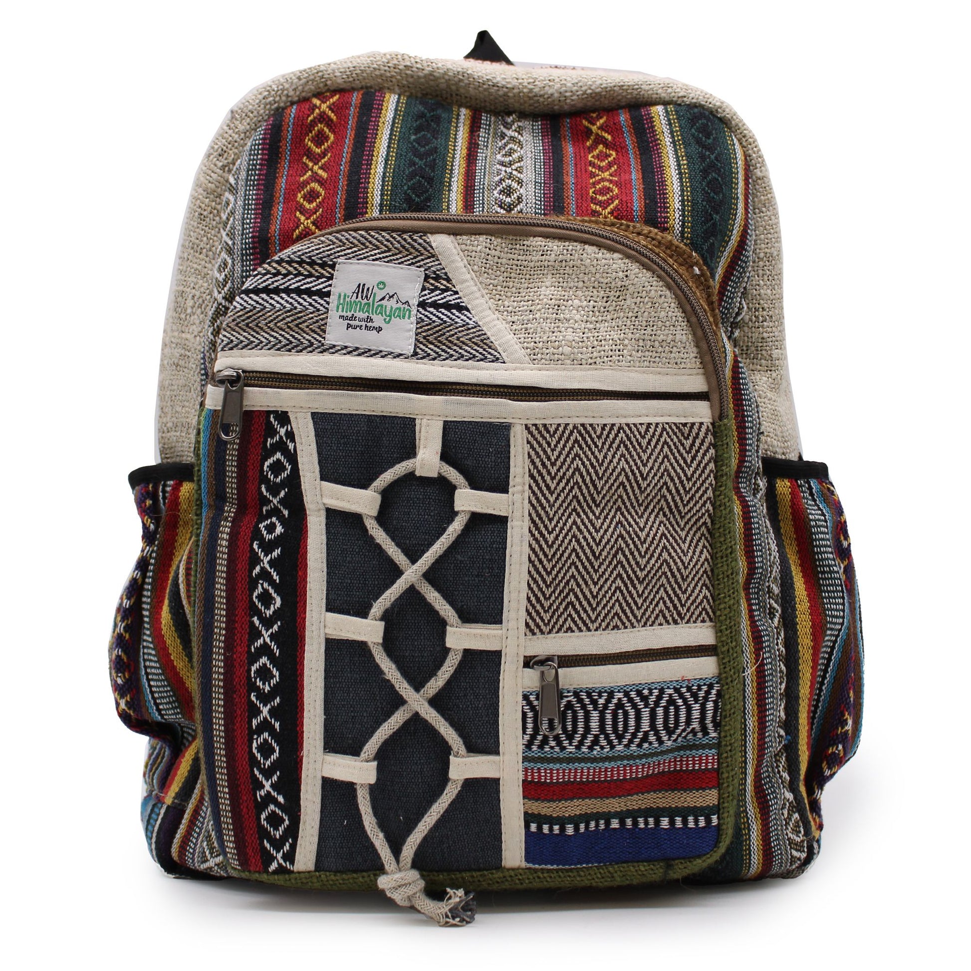 Zijaanzicht hennep rugzak 45x39x16cm met gerecyclede stoffen stroken - ruime bohemian tas
